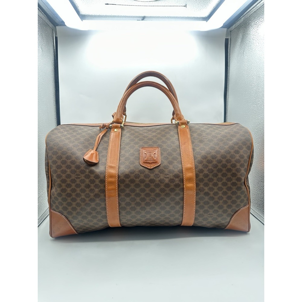 Vintage Celine Macadam Boston Bag Medium Brown Monogram Tan Leather Y2K